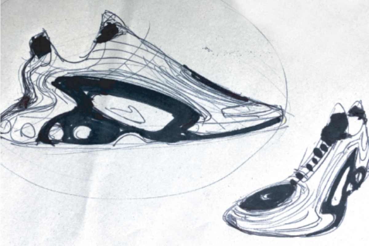 An image of two early-stage sketches of a sneaker. On the left is an abstract, wavy outline of a shoe, while on the right is a more detailed sketch showing the profile of a futuristic sneaker with a distinctive sole and design elements. Both sketches are in black ink on a pale background.